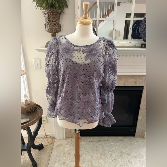 Anthro/Eva Franco Lace Floral Purple Polka Dot Sheer Top - Picture 4 of 9